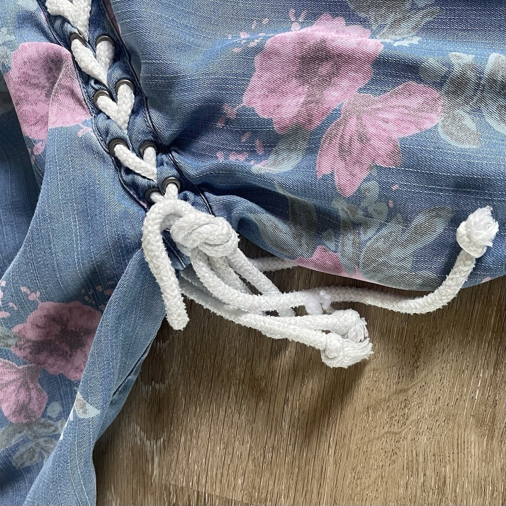 Ali Miles Off The Shoulder Floral Chambray Tunic XL Rope Tie Fray Hem Cottage - Picture 9 of 11